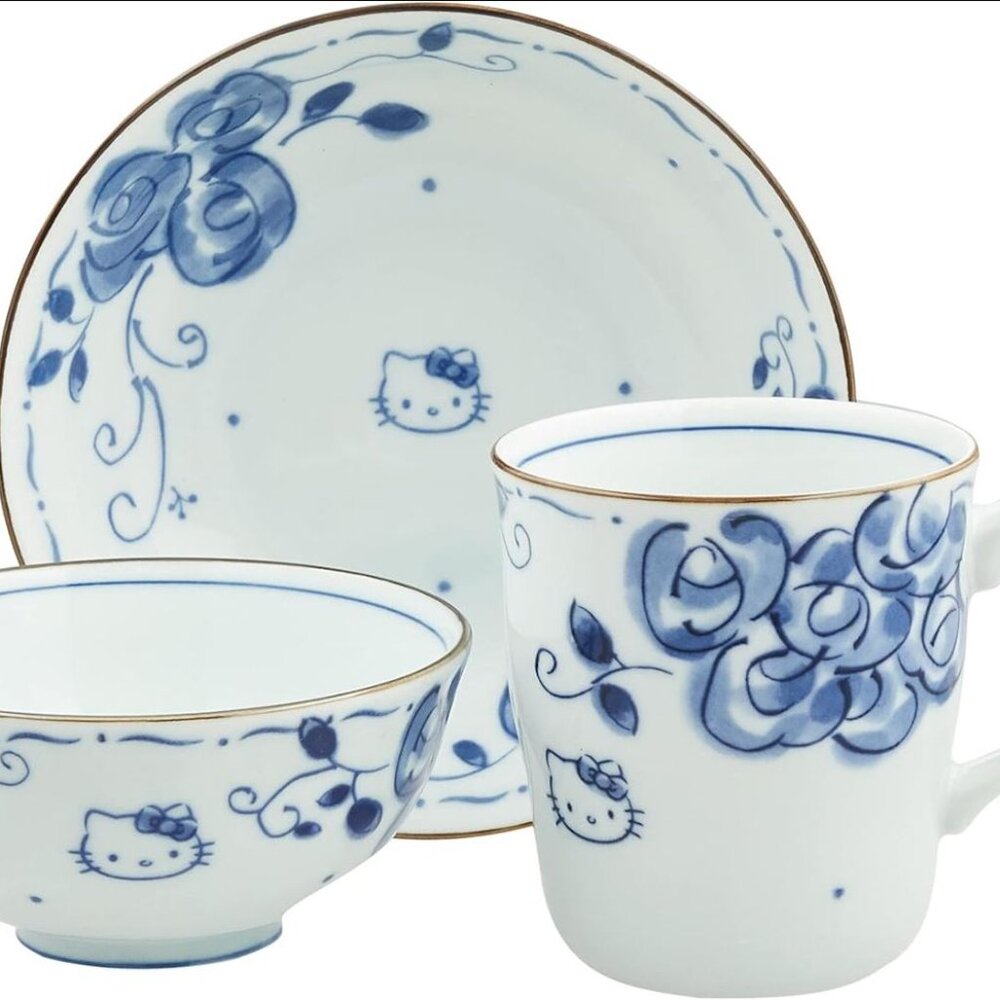 Hello Kitty Blue Rose Ceramic Set - Made in Japan - Mug Bowl Plate - Sanrio JDM